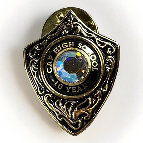CAP HIGH SCHOOL Pin 10 Year Anniversary Faceted Stone Brooch Sheild Scroll Pin - Picture 1 of 7